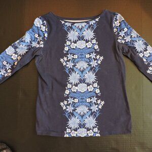 Talbots XS Misses soft crewneck Navy Blue top Navy Blue with blue + white floral